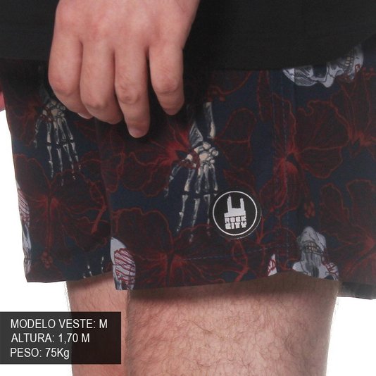 Bermuda Rock City Shorts Caveira e Flores Azul Marinho/Vermelho