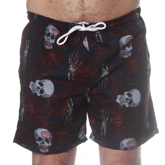Bermuda Rock City Shorts Caveira e Flores Azul Marinho/Vermelho