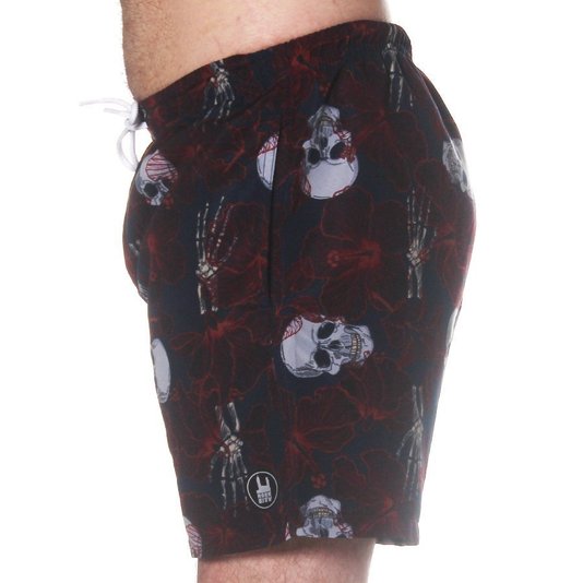 Bermuda Rock City Shorts Caveira e Flores Azul Marinho/Vermelho