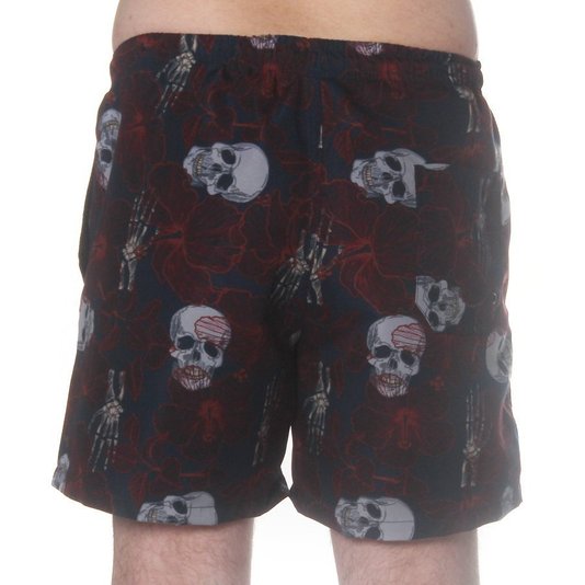 Bermuda Rock City Shorts Caveira e Flores Azul Marinho/Vermelho