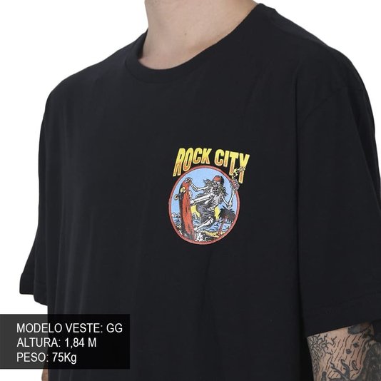 Camiseta Rock City Caveira Bali Skate Old School Preto