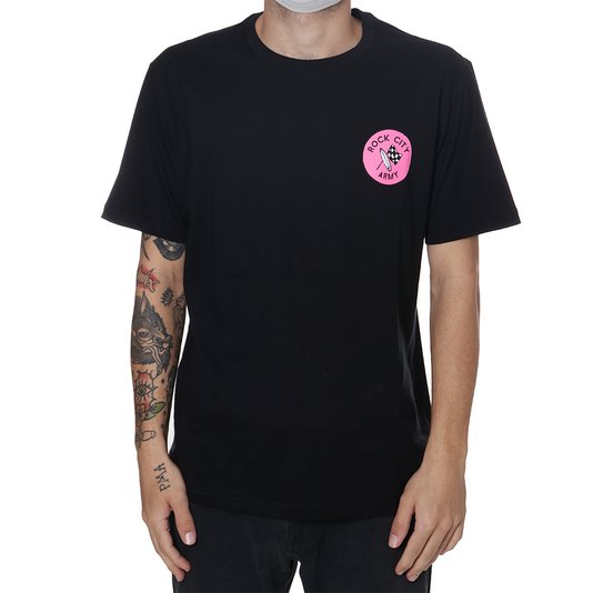 Camiseta Rock City New Army Surf Preto/Rosa