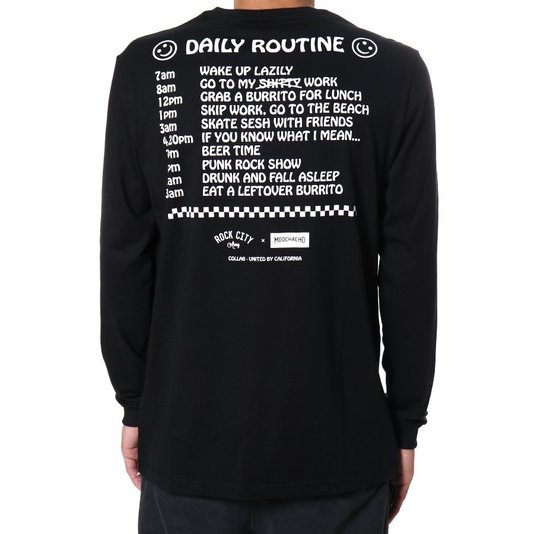 Camiseta Rock City x Moochacho Daily Routine Mandga Longa Preto/Branco