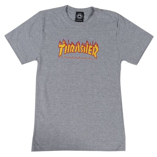 Camiseta Thrasher Magazine Flame Logo Juvenil Cinza Mescla