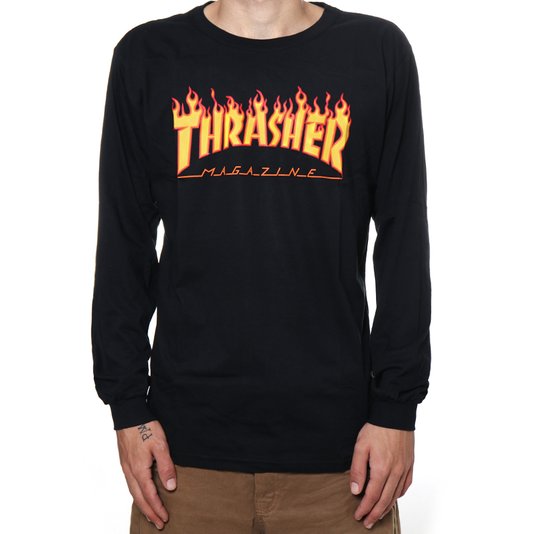 Camiseta Thrasher Magazine Logo Flame Manga Longa Preto