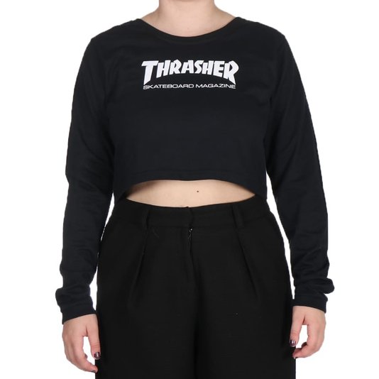 Camiseta Thrasher Magazine Skate Mag Cropped M/L Feminina Preto