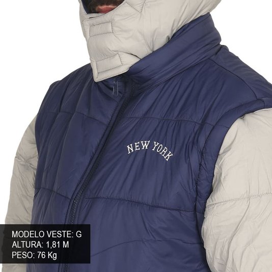 Jaqueta New Era Modern Dupla Face Colete Puffer Azul/Branco/Cinza