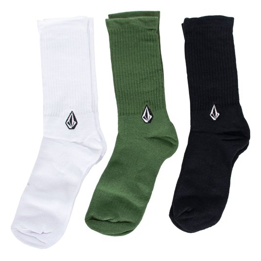 Kit Meia Volcom Solid Stone Sortida Branco/Verde/Preto