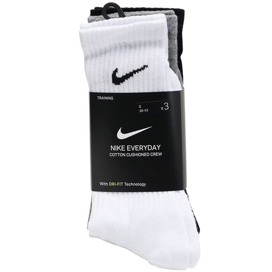 Meia Nike Everyday Cushioned Crew 3 Pack Branco/Cinza/Preto